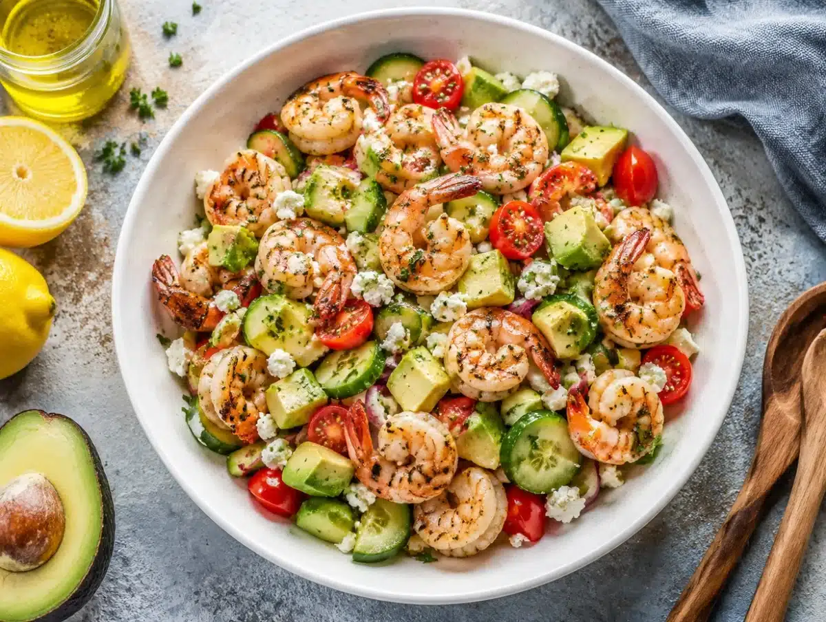 Mediterranean shrimp avocado salad with grilled shrimp, tomatoes, cucumber, feta and lemon dressing