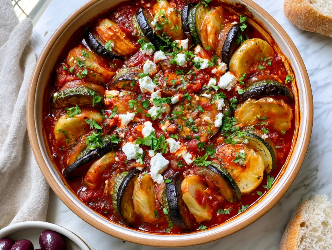 Greek Briam: Slow-Roasted Vegetable Bake (Serves 4) 1 Round dish of Greek briam with layered eggplant, zucchini, tomato and crumbled feta