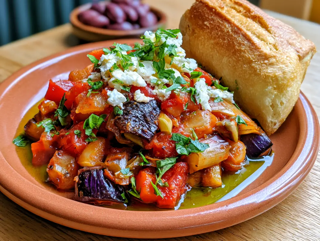 Plate of Greek briam roasted vegetables with feta, fresh herbs and crusty bread