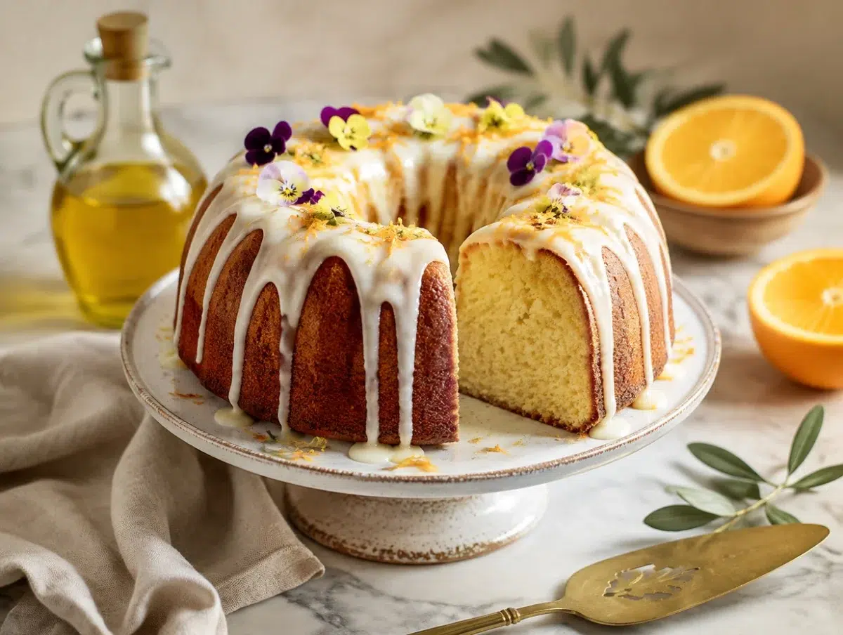 Olive oil cake with white citrus glaze dripping down the sides and orange zest on top
