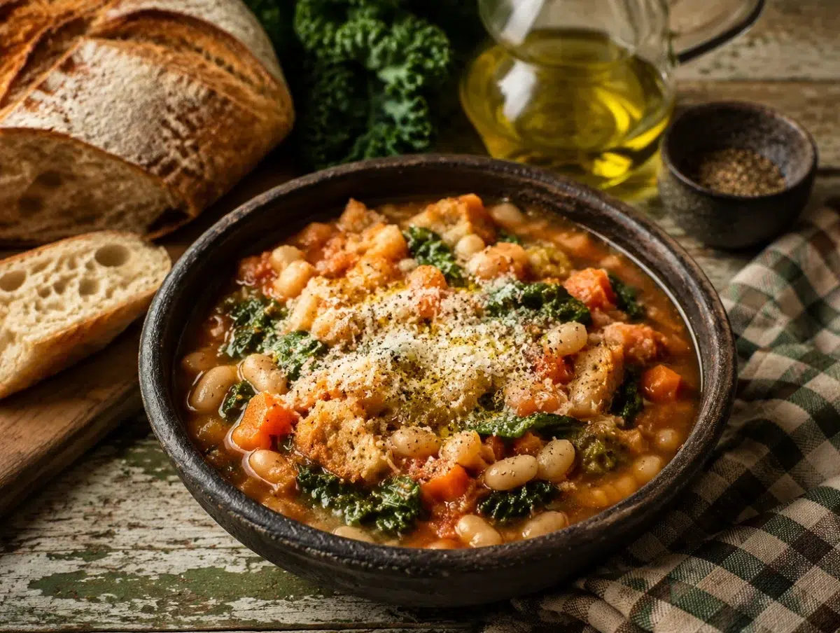 Tuscan ribollita soup with cannellini beans, cavolo nero, vegetables and bread in tomato broth