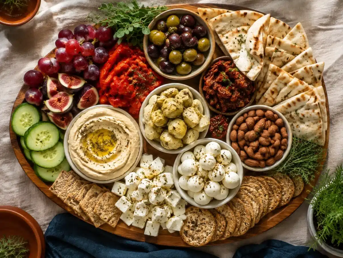 Mediterranean antipasto platter with olives, artichokes, roasted peppers, feta, hummus, figs and pita