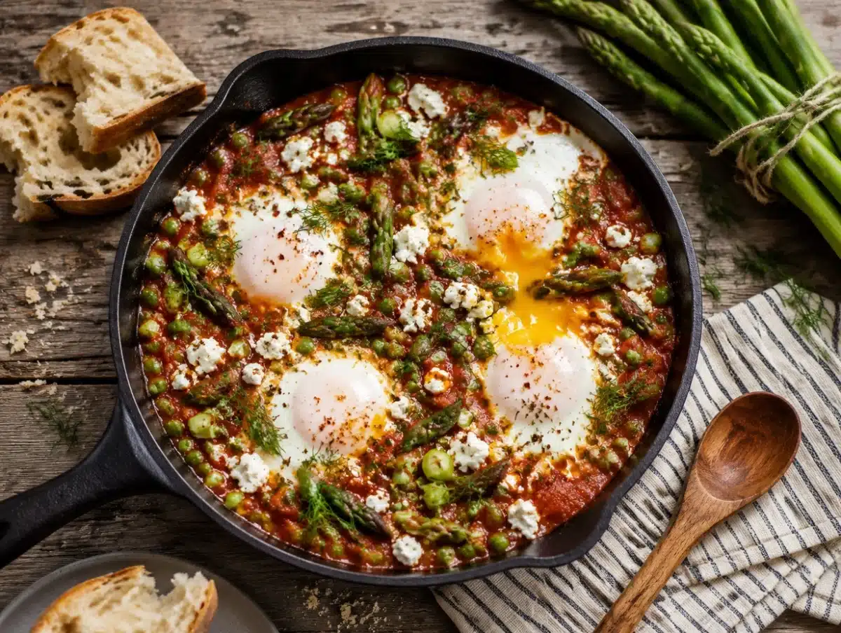 Shakshuka with spring vegetables, poached eggs, asparagus, peas, feta and dill in a skillet