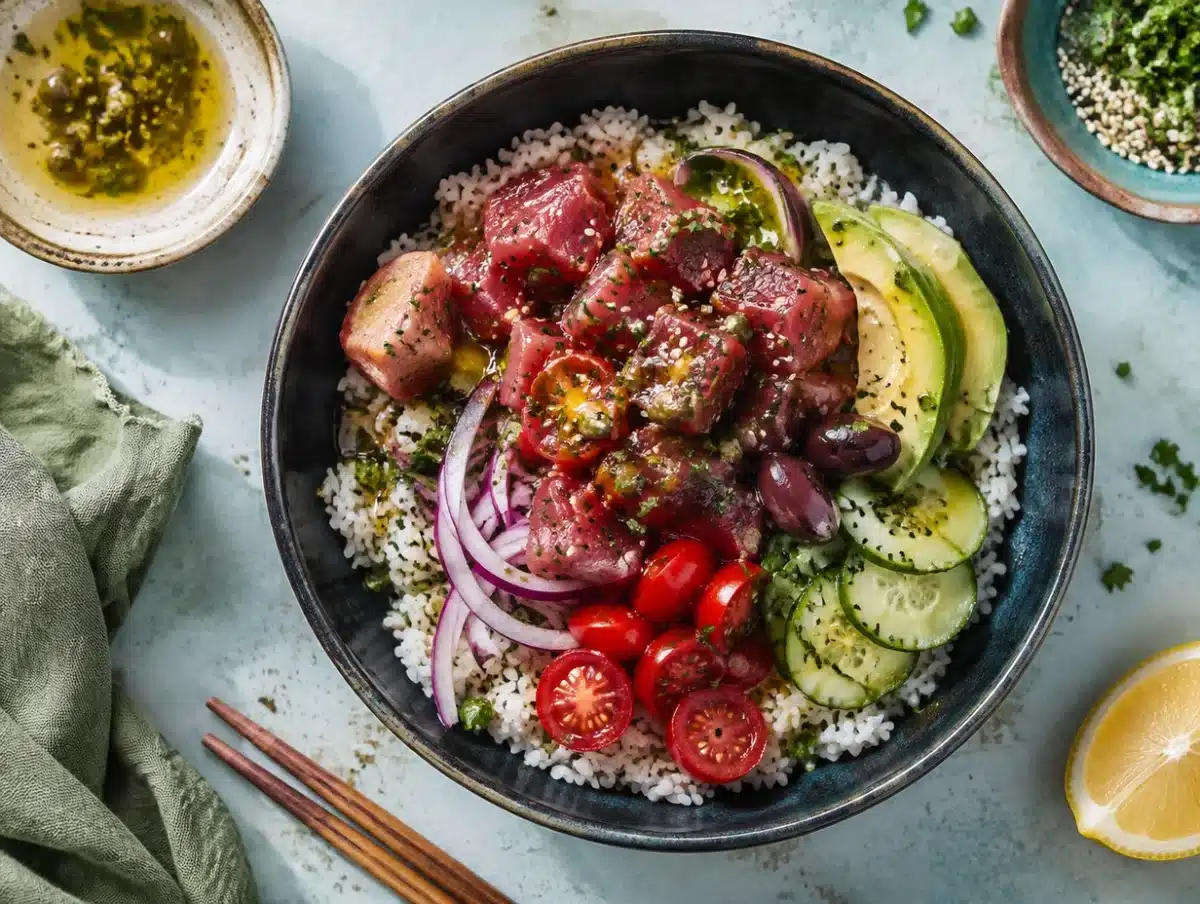 Mediterranean tuna poke bowl with marinated tuna, rice, avocado, cucumber, olives and capers