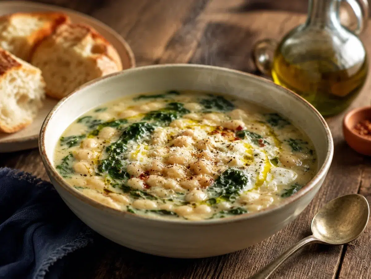 Creamy white bean and spinach soup swirled with olive oil and topped with parmesan