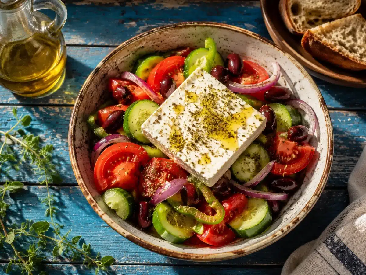 Greek salad horiatiki with tomato wedges, cucumber, peppers, onion, olives and a slab of feta
