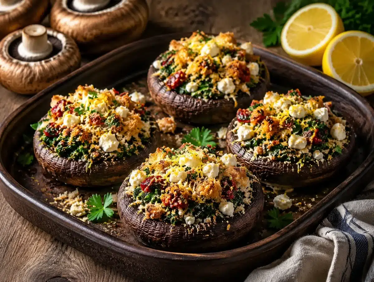 Mediterranean stuffed portobello mushrooms with spinach, sun-dried tomatoes, feta and breadcrumbs