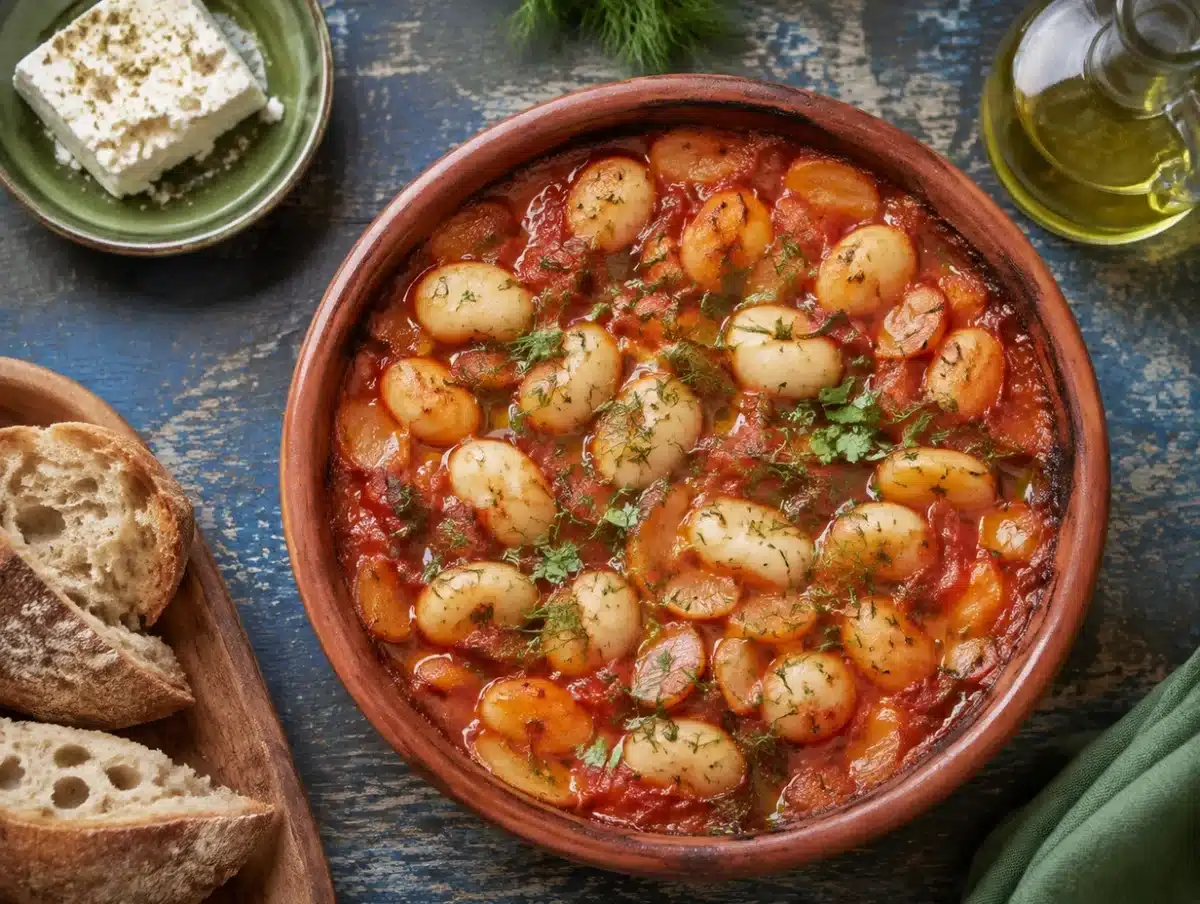 Greek gigantes plaki giant beans baked in tomato sauce with dill and olive oil