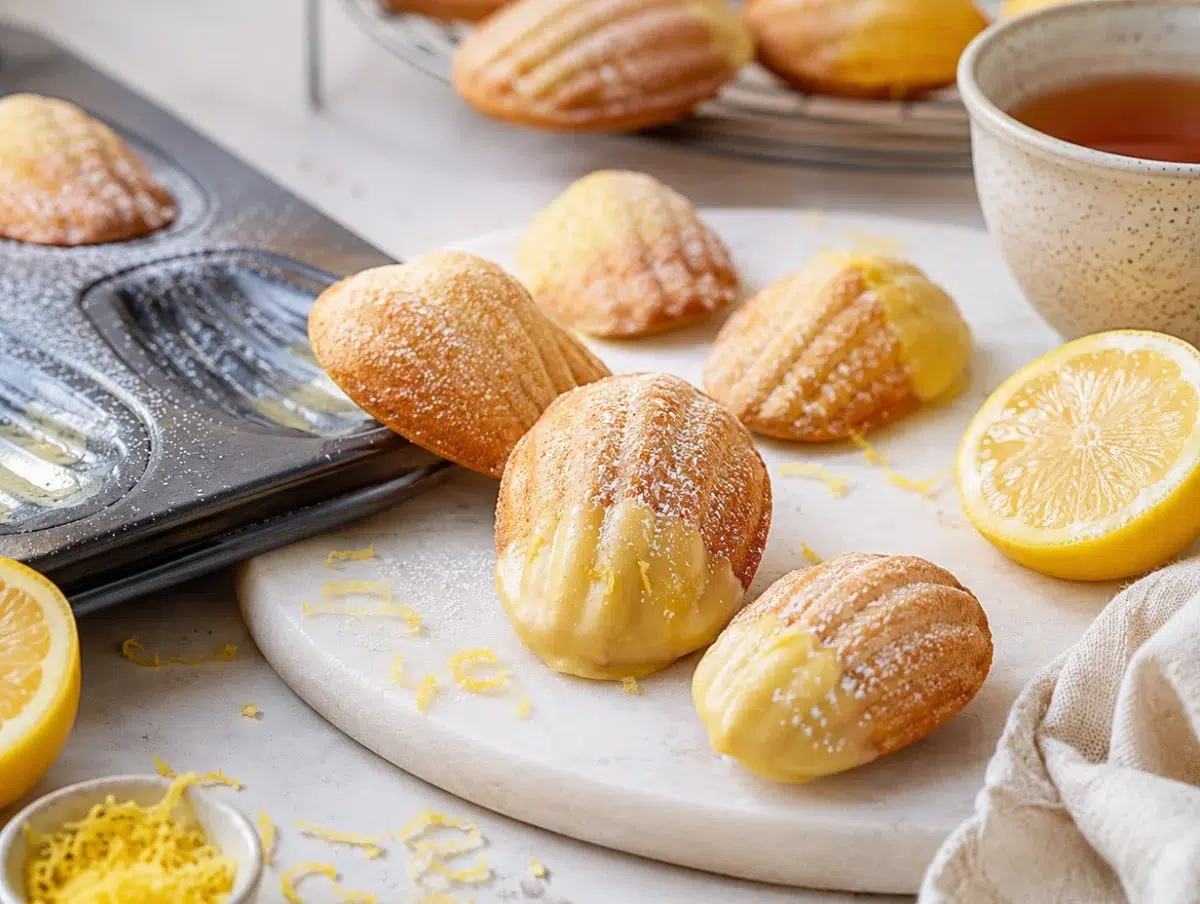 Lemon olive oil madeleines with golden shell shape, powdered sugar and lemon glaze