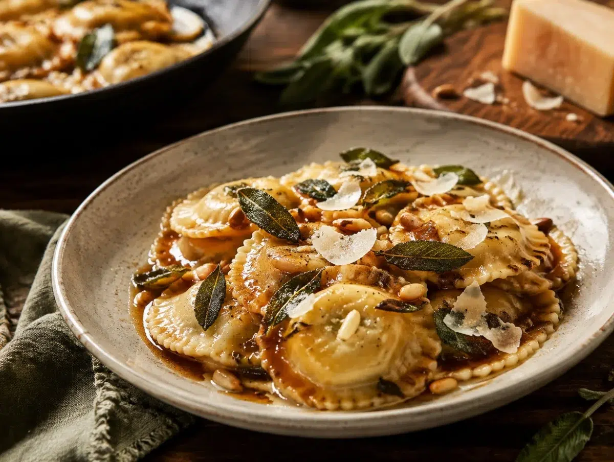 Brown butter sage ravioli with crispy sage leaves, pine nuts and shaved parmesan