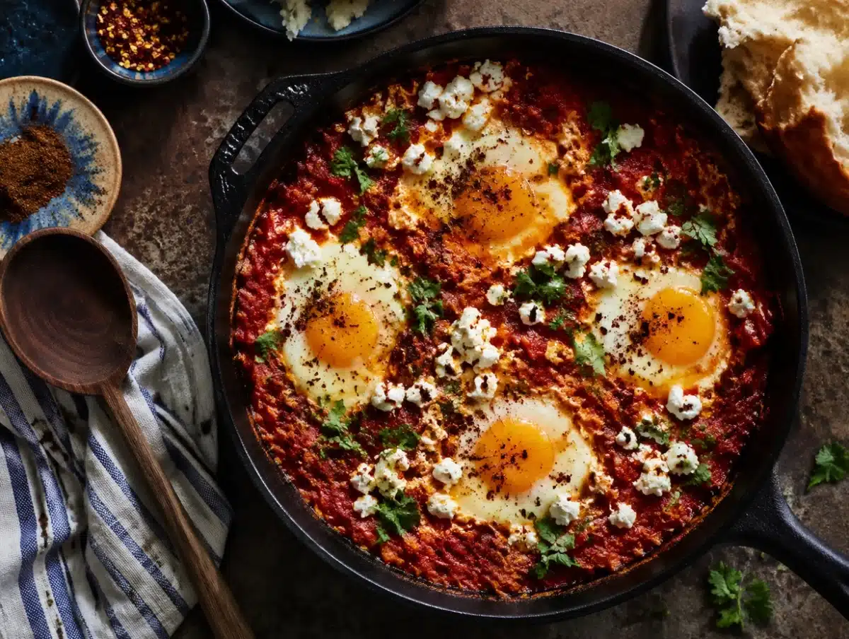 Classic shakshuka with poached eggs, spiced tomato sauce, crumbled feta and cilantro in a skillet