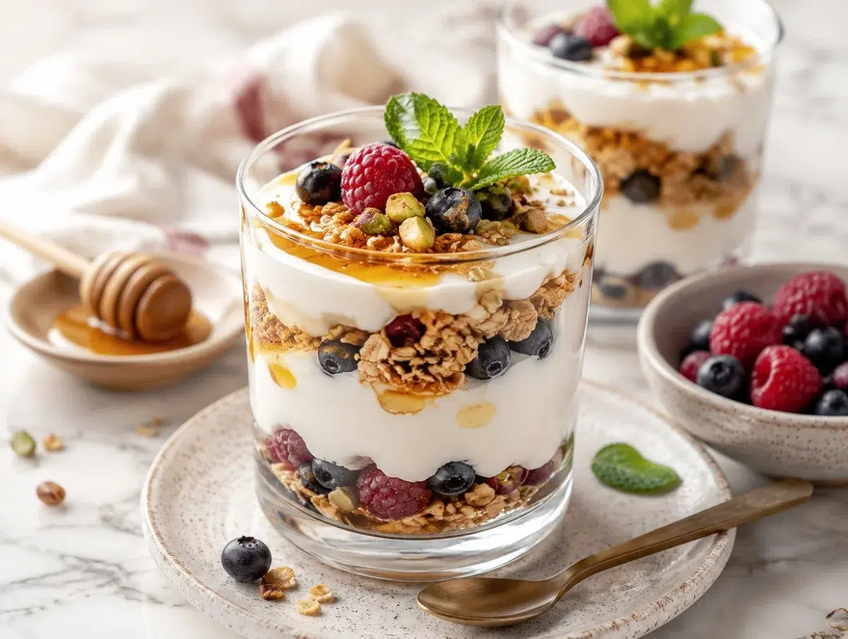 Greek yogurt parfait layered in a glass with granola, honey, berries and pistachios