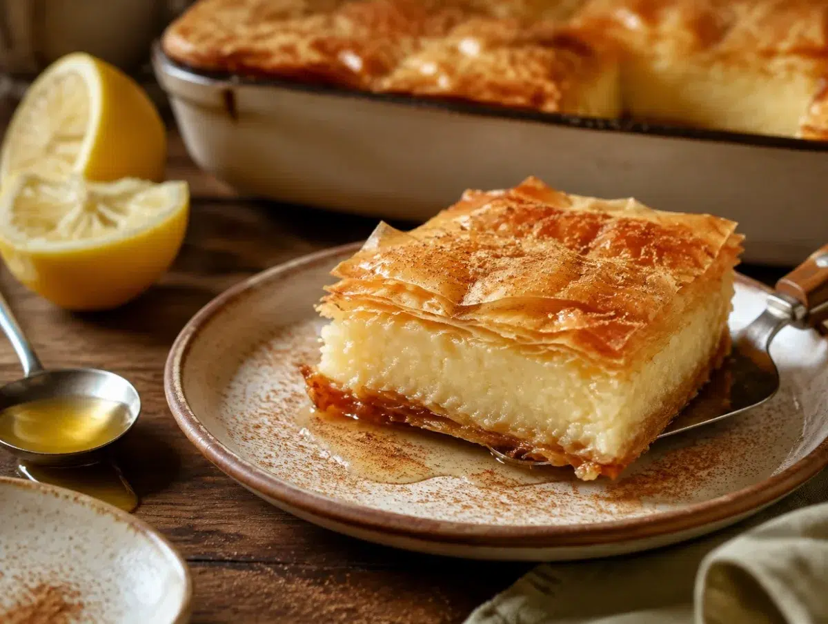 Galaktoboureko square with crisp phyllo layers, semolina custard center and lemon syrup