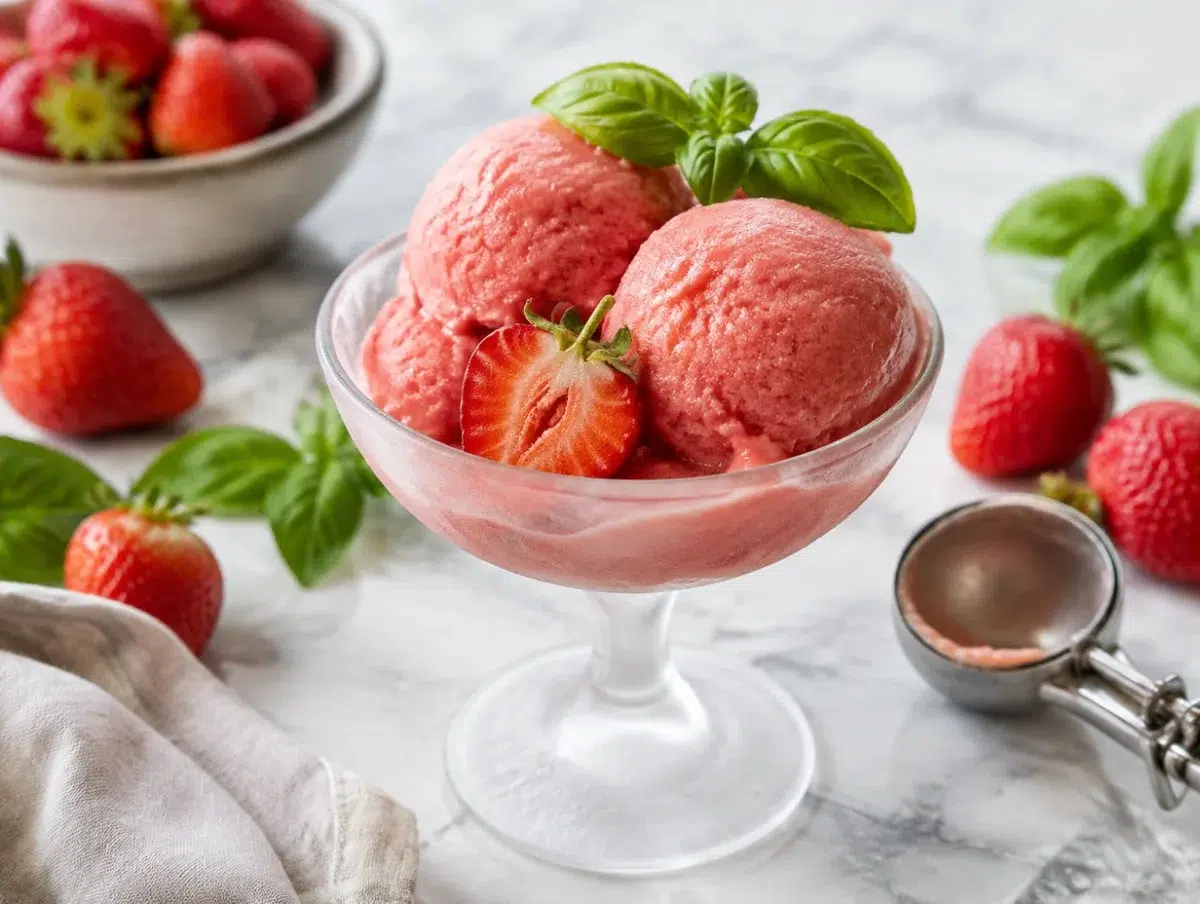Strawberry basil sorbet scoops in a chilled glass garnished with fresh basil and strawberries
