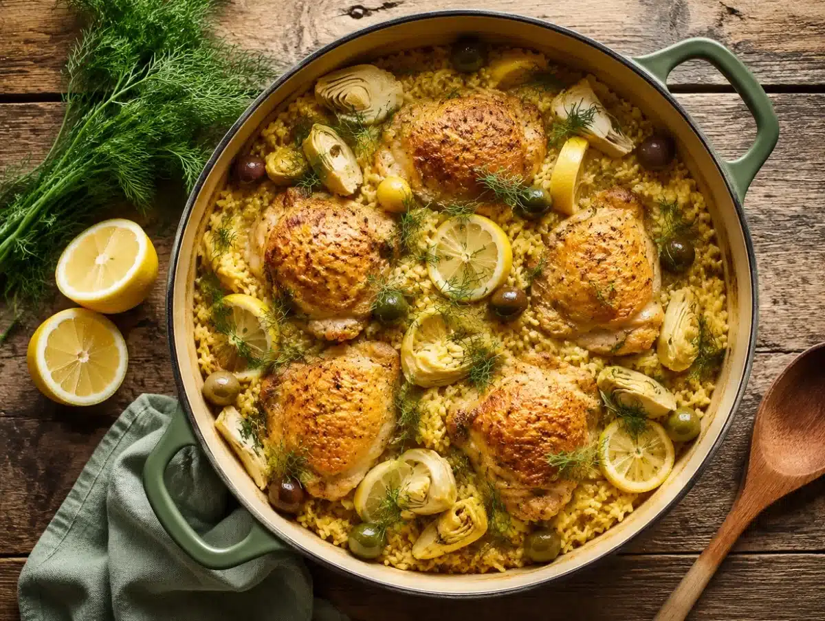 One-pot lemon artichoke chicken and rice with browned chicken thighs, lemon slices and dill