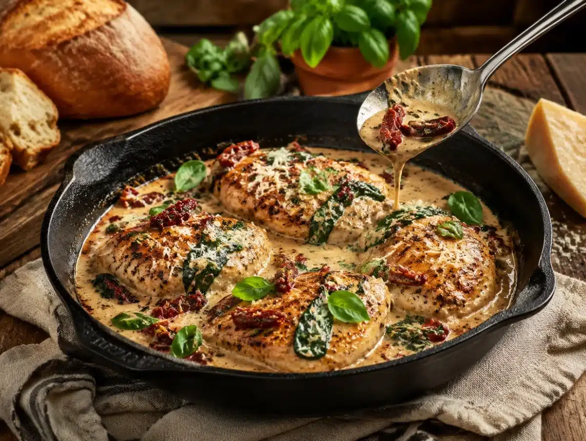 Creamy Tuscan chicken in a skillet with sun-dried tomatoes, spinach, garlic and parmesan sauce