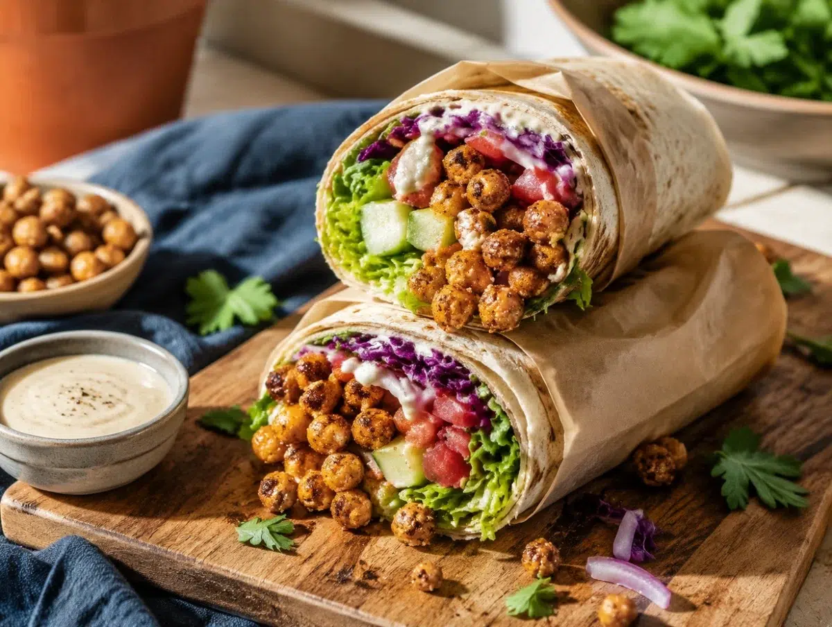 Crispy chickpea and vegetable wrap cut open with tahini sauce, cabbage, cucumber and pickled onion