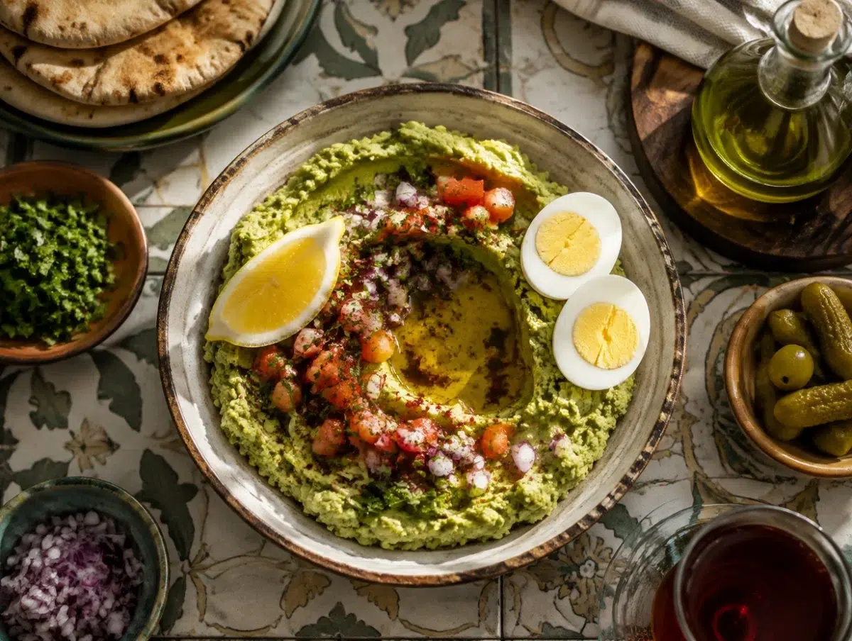 Ful medames mashed fava beans topped with olive oil, tomato, parsley, onion and cumin