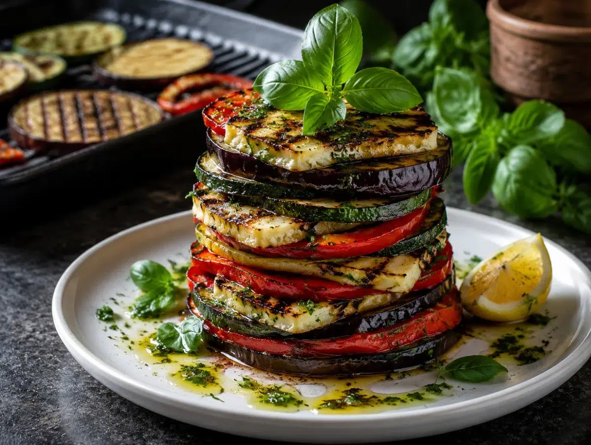 Grilled vegetable and halloumi stack with charred eggplant, zucchini, peppers and basil