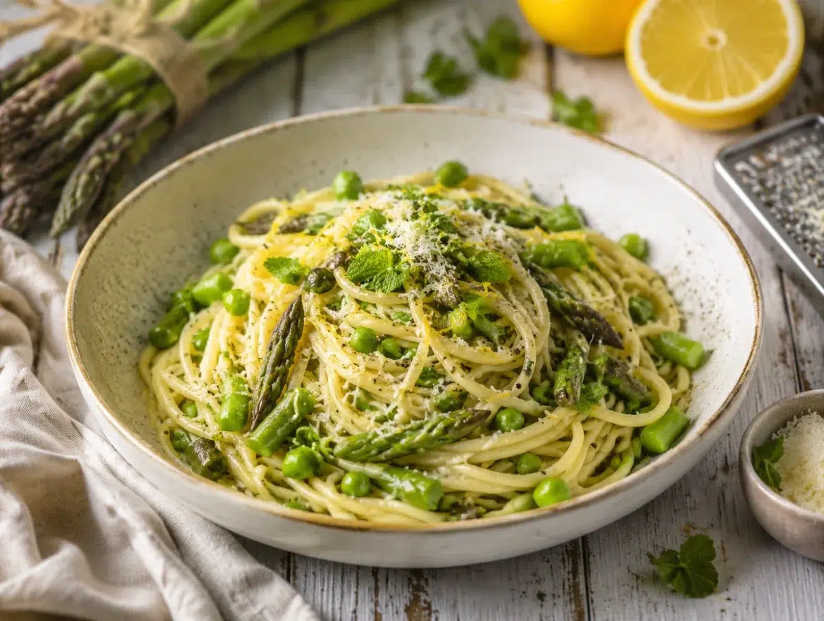 Lemon asparagus pasta with peas, parmesan and mint in a shallow bowl