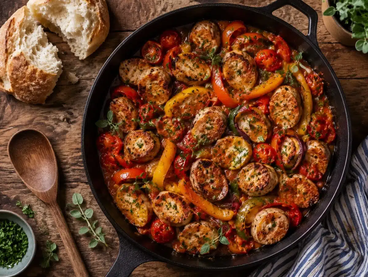 One-pot Mediterranean chicken sausage and peppers with onions, tomatoes and oregano in a skillet