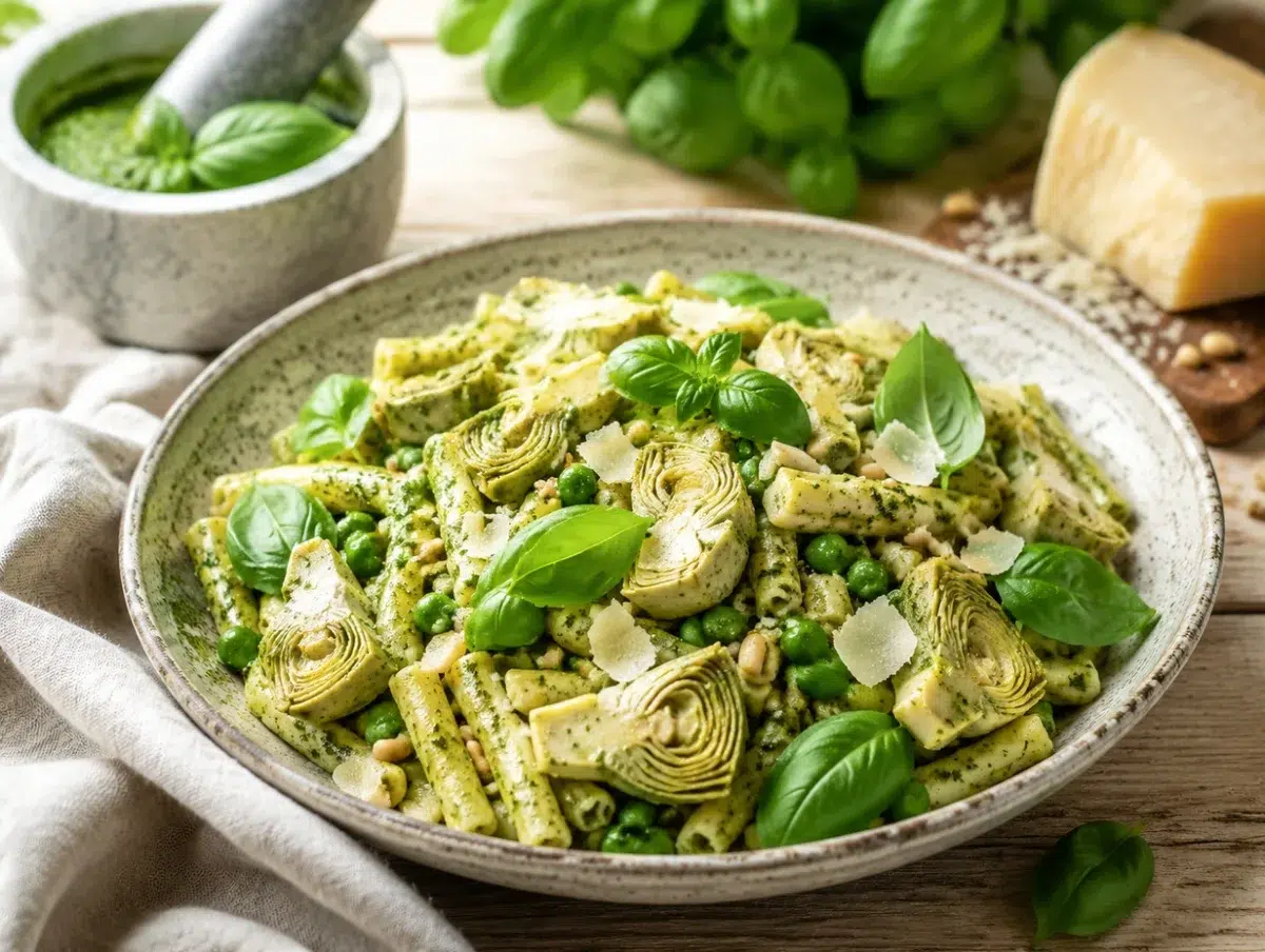 Pesto pasta with spring artichokes, peas, pine nuts and shaved parmesan
