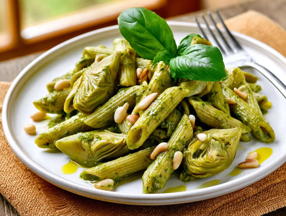 Pesto Pasta With Spring Artichokes recipe card