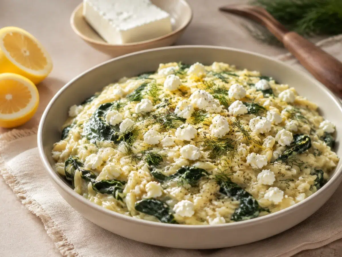 Creamy lemon orzo with spinach, feta, dill and lemon zest in a shallow bowl