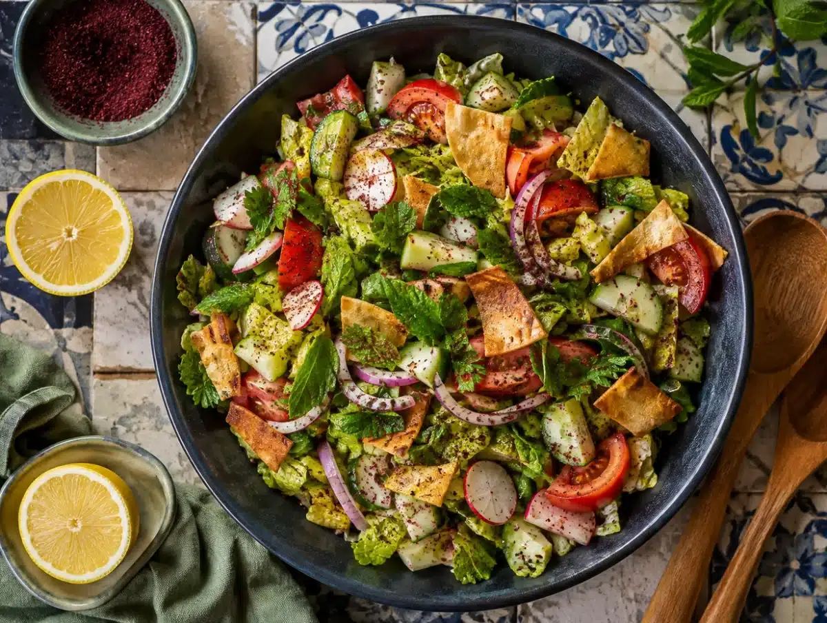 Fattoush salad with crispy pita shards, tomatoes, cucumber, radish, herbs and sumac dressing