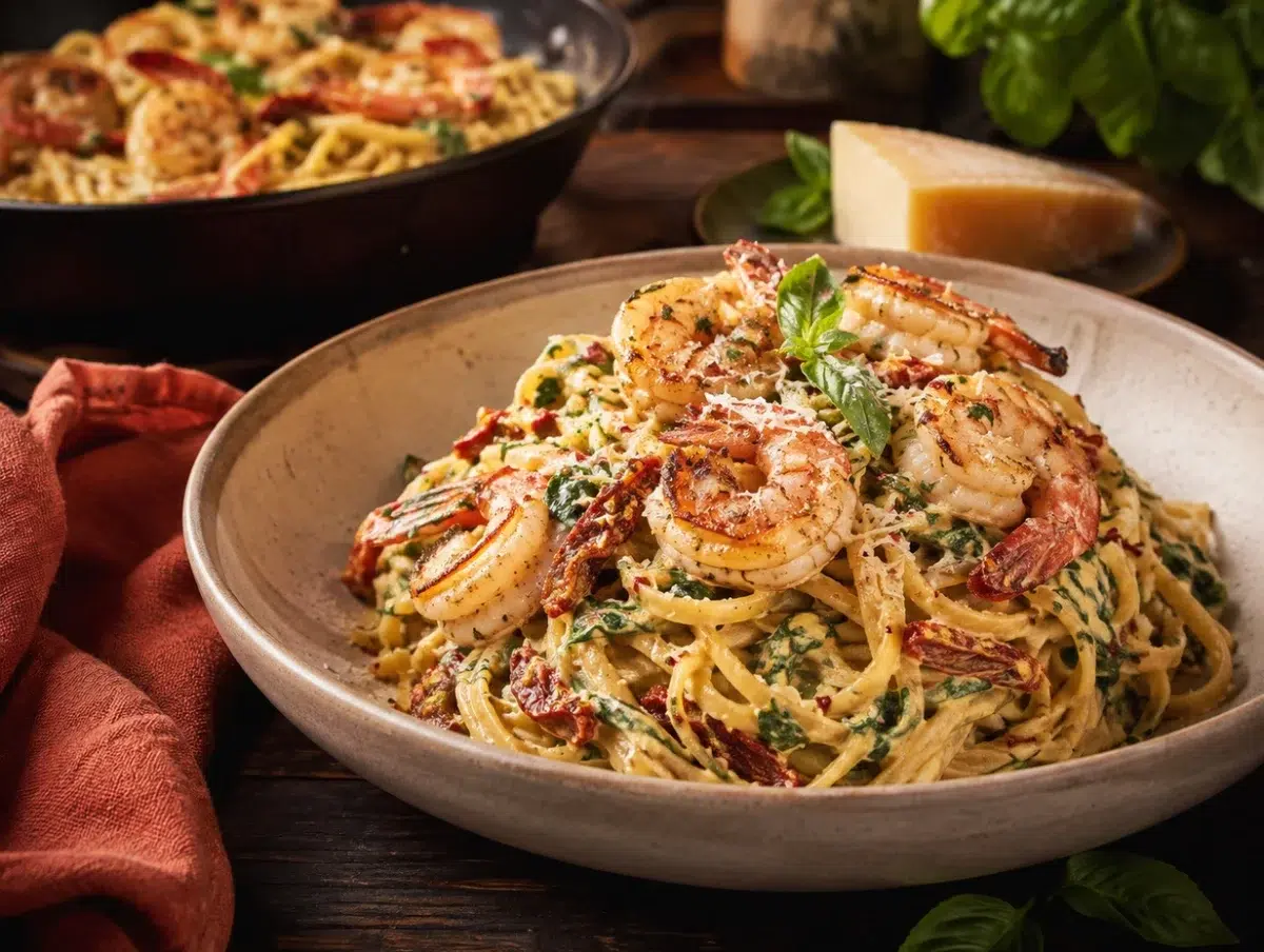 Creamy Tuscan shrimp pasta with sun-dried tomatoes, spinach, parmesan and basil