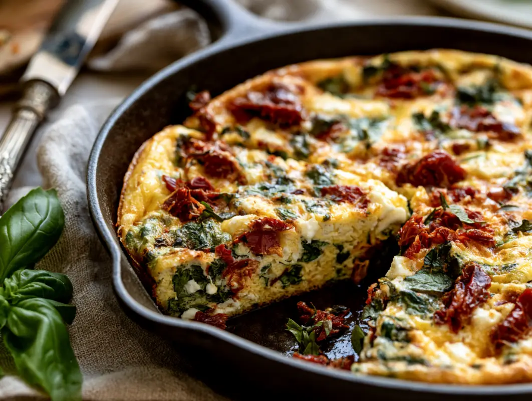 Sun-Dried Tomato Basil Frittata (25 Minutes) 1 Cast-iron skillet sun-dried tomato and basil frittata with one slice removed, showing spinach and tomato throughout