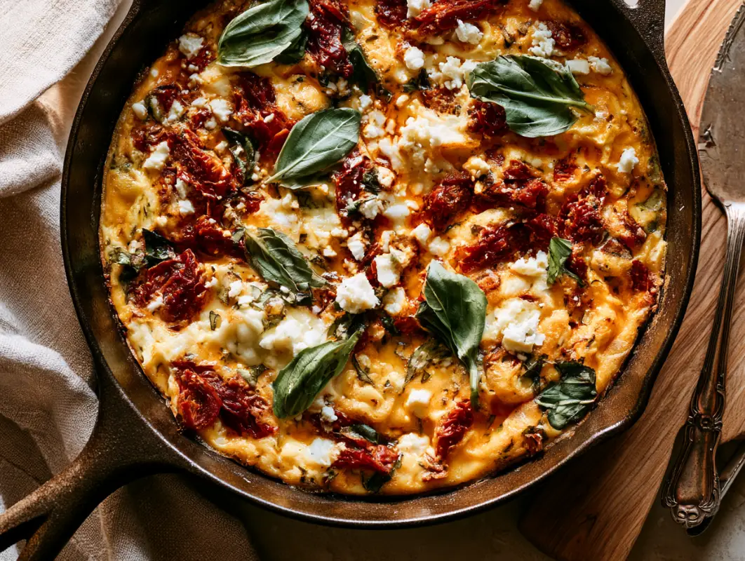 Overhead view of a sun-dried tomato and basil frittata in a cast-iron skillet, topped with feta and fresh basil