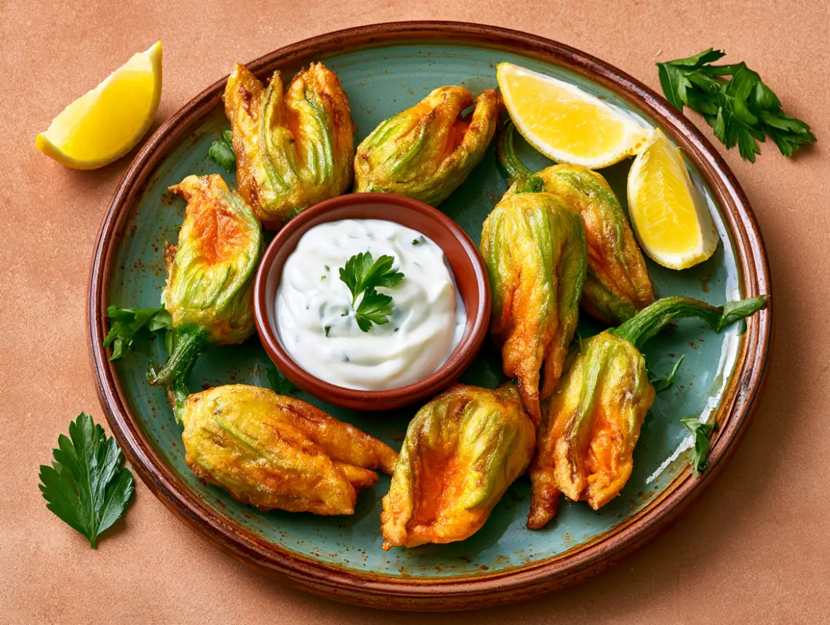Zucchini Blossom Fritters Lemon Aioli Mediterranean dish