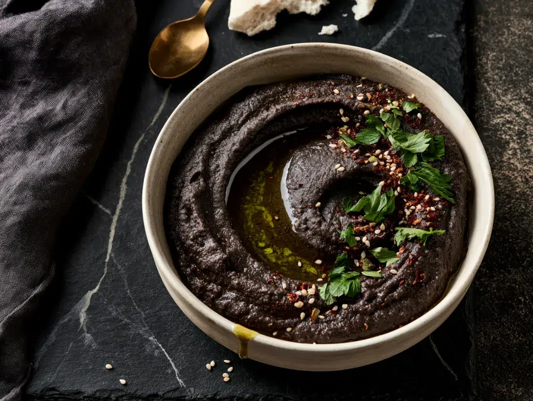 et black hummus swirled in a pale ceramic bowl with olive oil and white sesame seeds