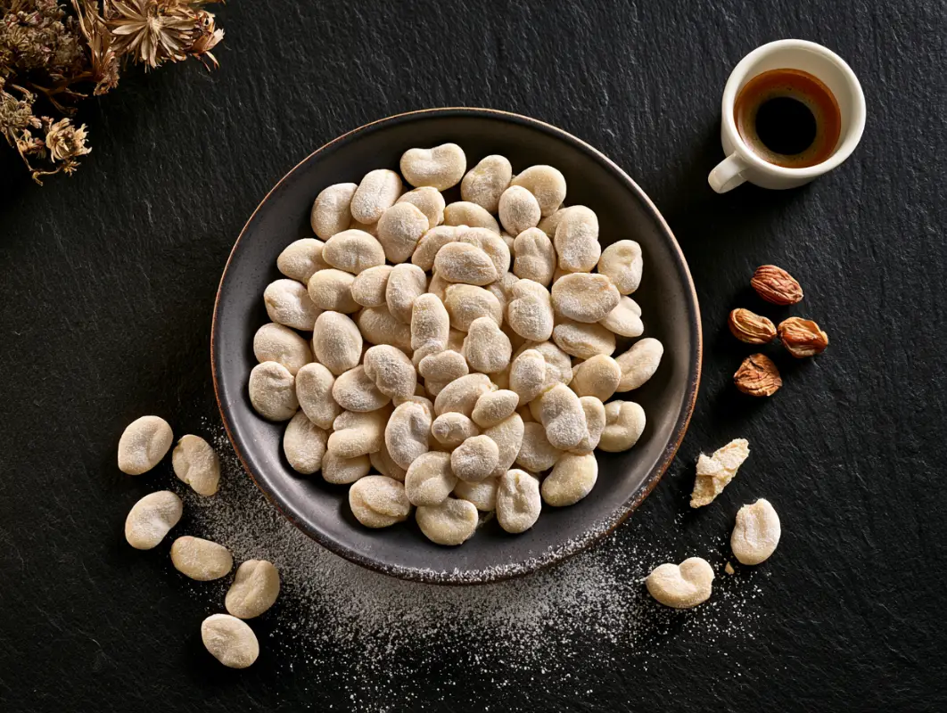 Small bean-shaped Italian almond cookies dusted with icing sugar on a dark slate plate