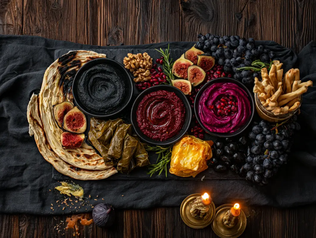 Overhead gothic Halloween mezze board in oxblood, black and deep purple lit by candlelight
