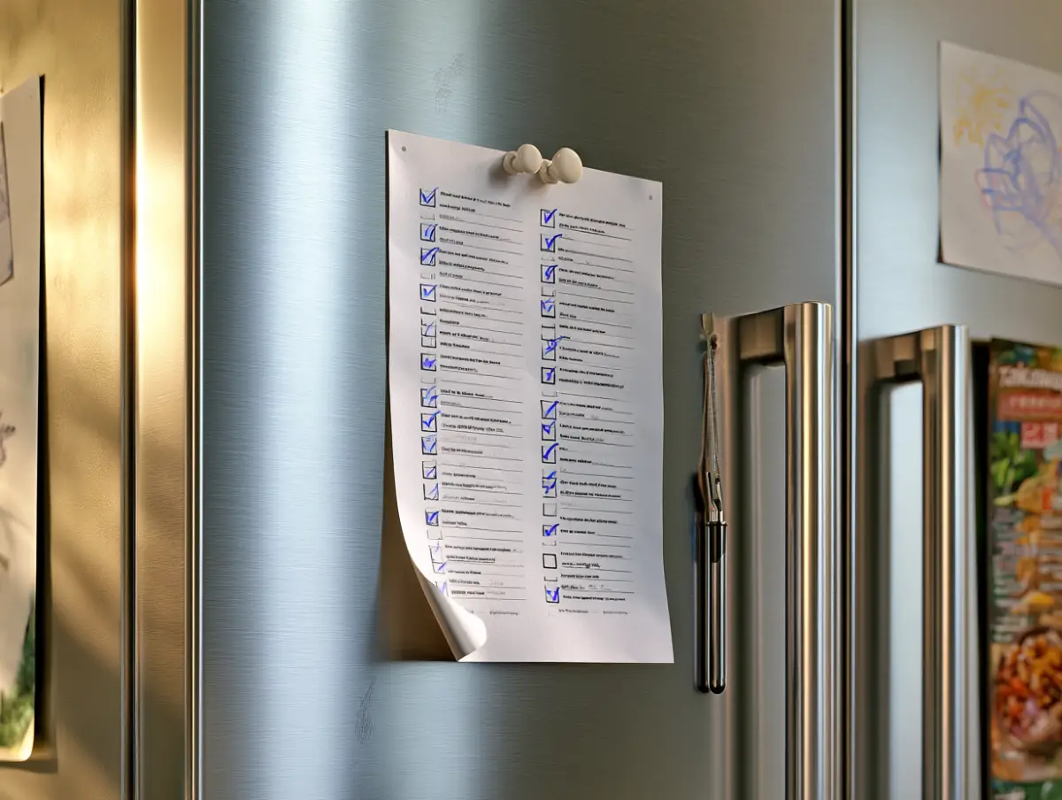 A printable Halloween prep checklist stuck on a fridge with a pen hanging beside it