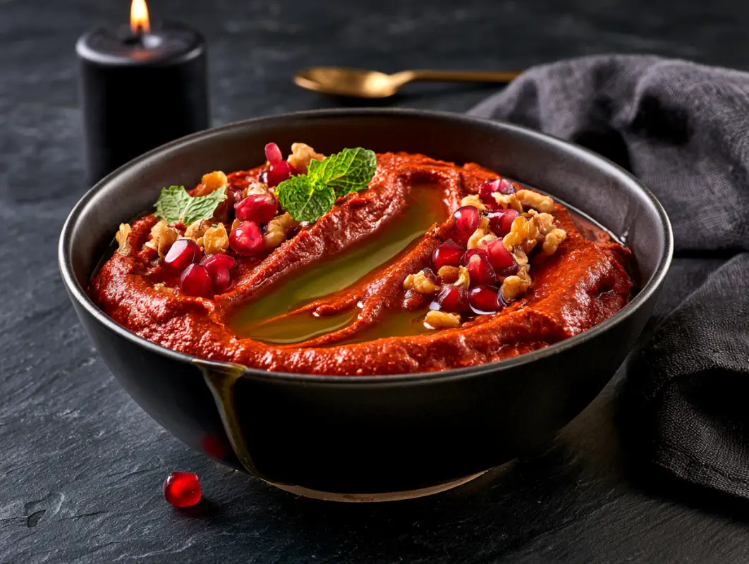 Blood-red muhammara dip in a dark bowl topped with olive oil, pomegranate seeds and walnut pieces