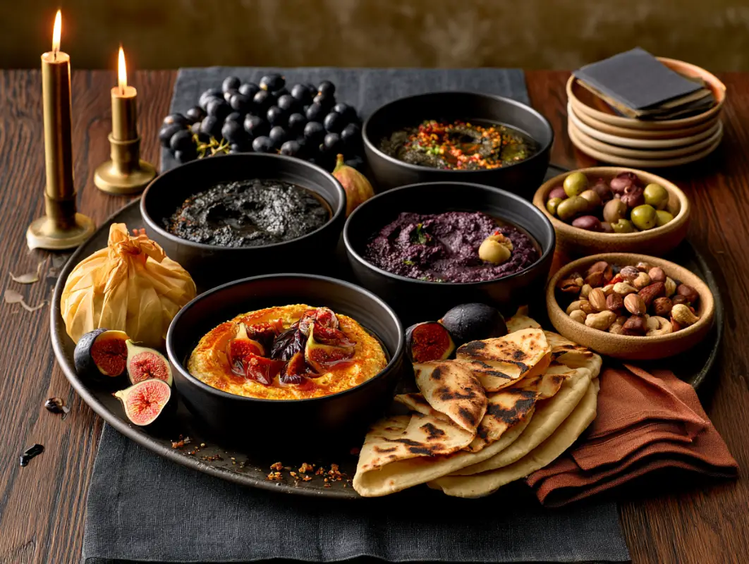 A well-portioned Halloween party food table with dips, breads and platters laid out for twelve guests
