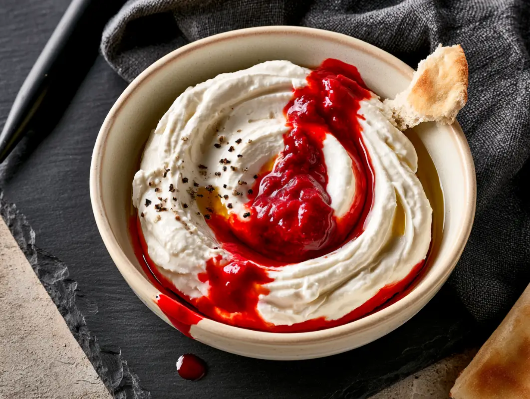 Cloud-white whipped feta in a shallow bowl with a blood-red roasted pepper drizzle bleeding through the surface.Bloody Whipped Feta
