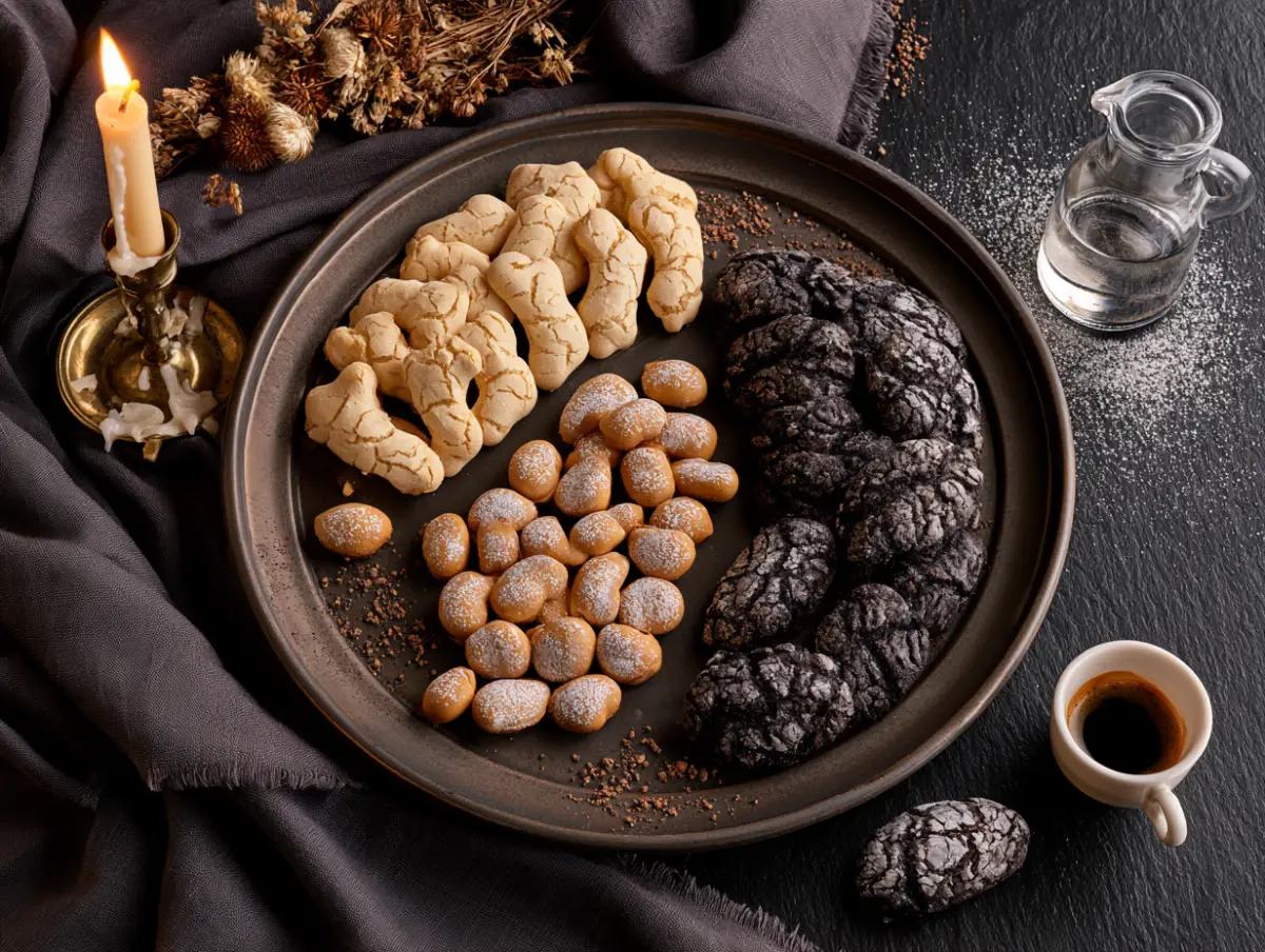 Three italian day of the dead recipes together on a dark platter with a lit candle and dried flowers