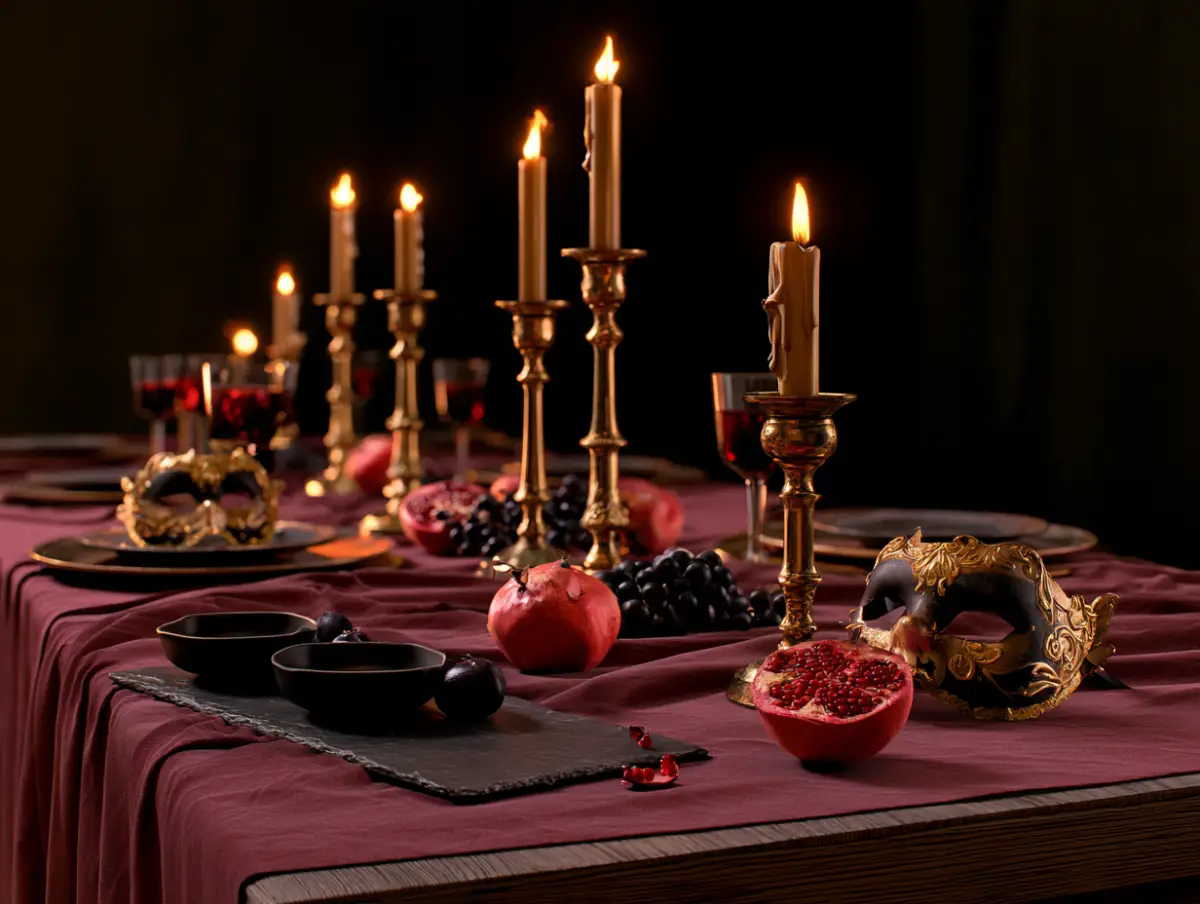 Candlelit midnight masquerade Halloween dinner table with dark Mediterranean food, masks and gold accents