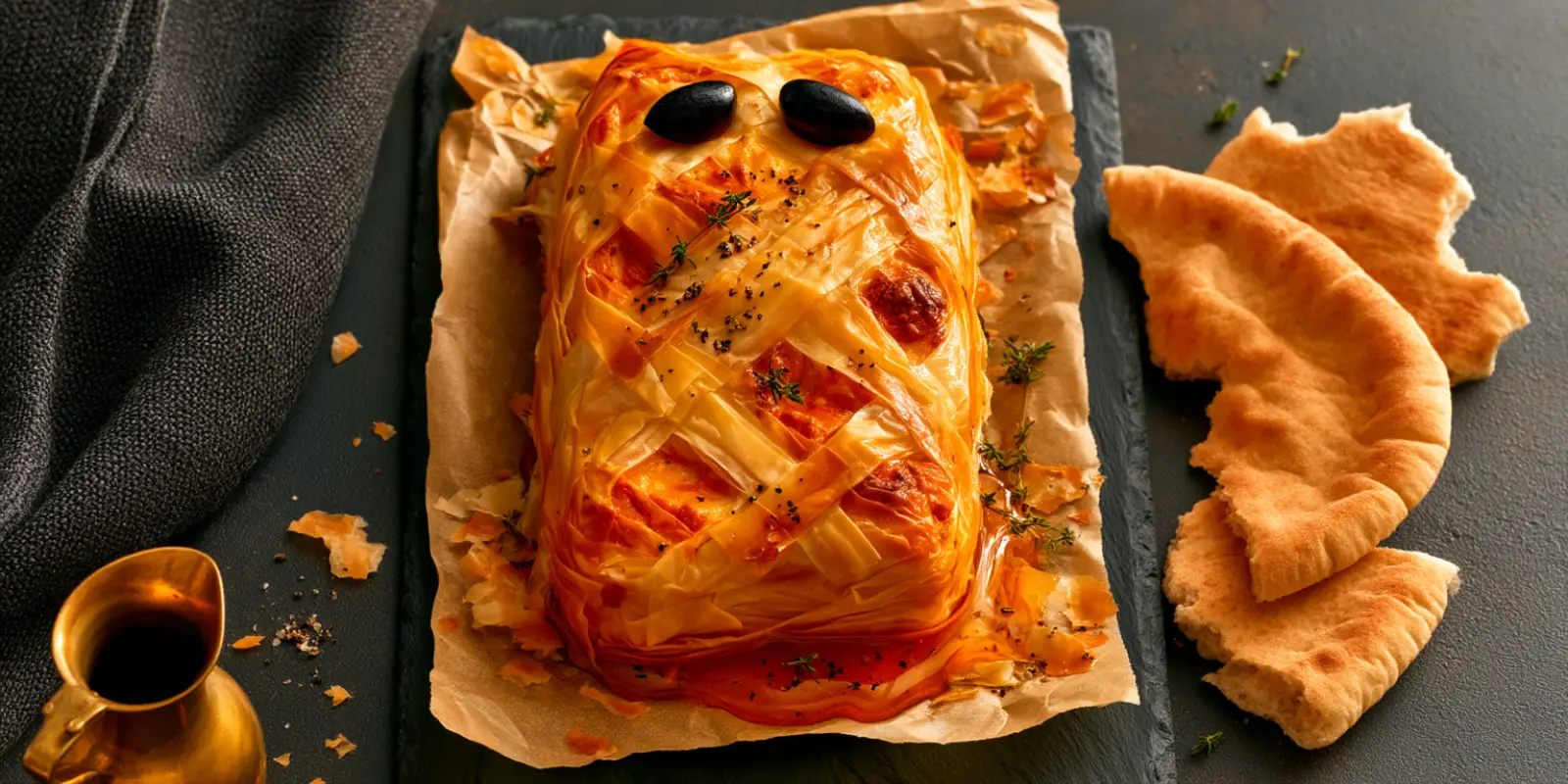 Golden phyllo-wrapped mummy baked feta with olive eyes and honey being drizzled over the top