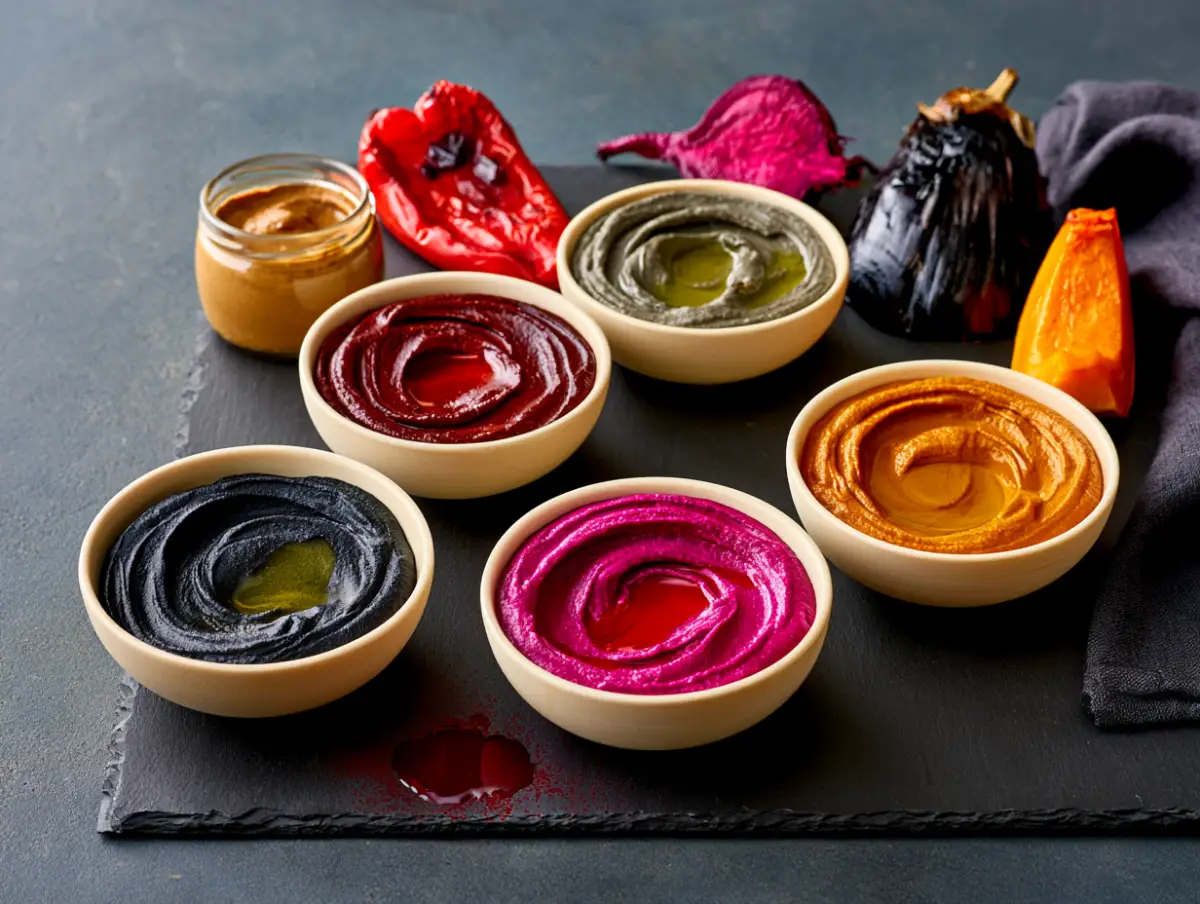 Bowls of naturally coloured food in black, blood red, magenta and deep green on dark slate