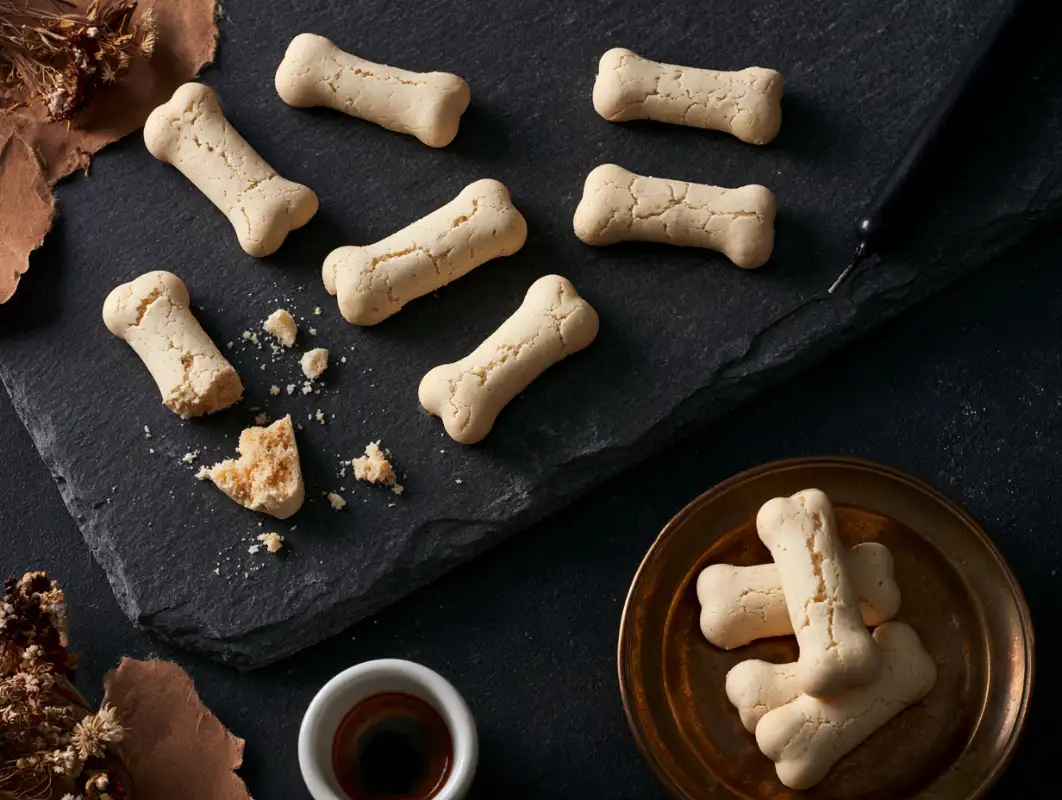Cracked bone-shaped ossi dei morti cookies on dark slate with dried flowers and a candle