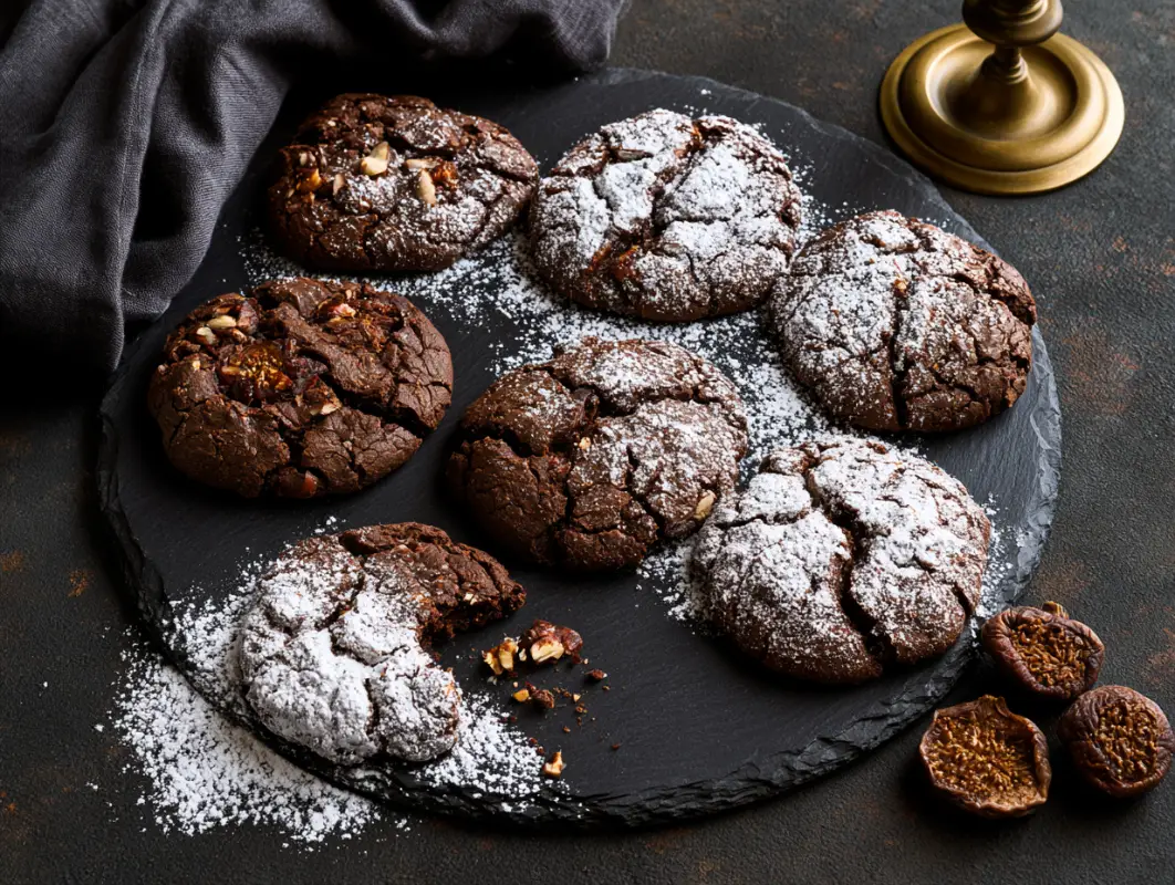 Dark craggy pan dei morti biscuits heavily dusted with icing sugar on black slate