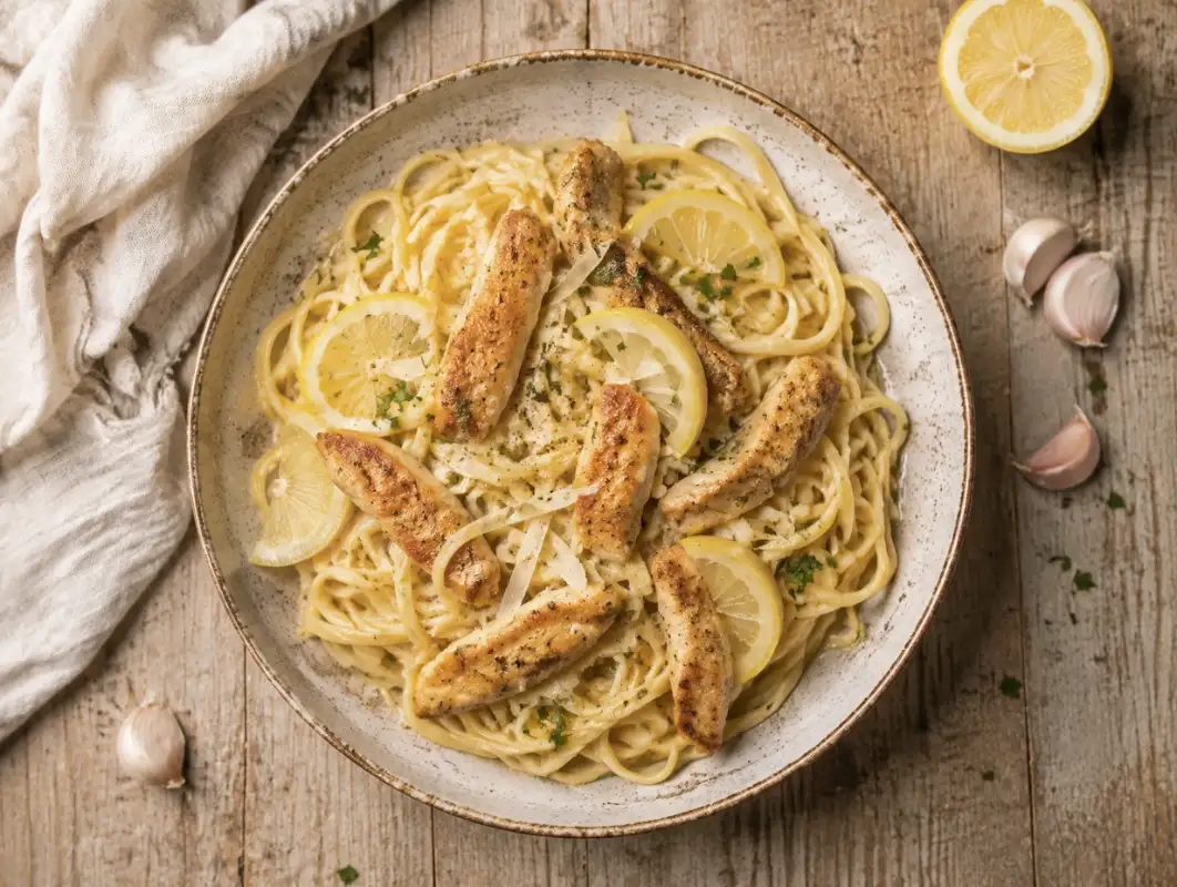 Lemon Garlic Chicken Pasta (38 Minutes, Serves 4) 1 Overhead view of creamy lemon garlic chicken pasta with linguine, seared chicken and parsley in a white bowl