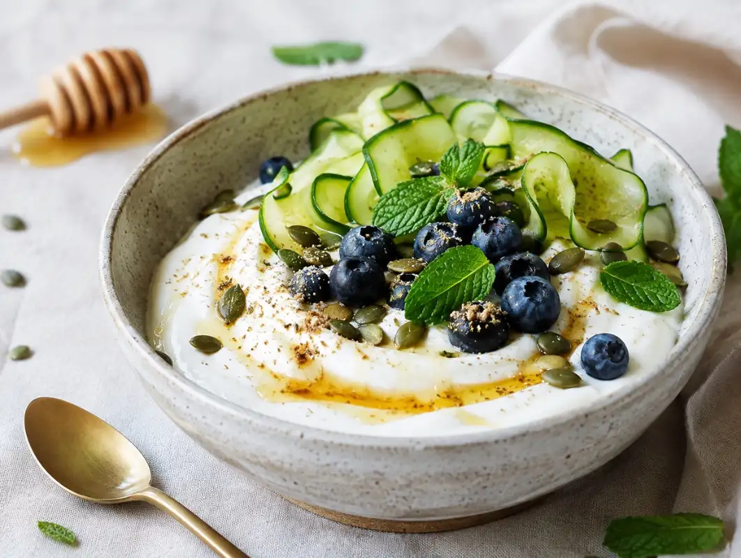 Greek Yogurt Bloat Bowl (5 Minutes, 30g Protein) 1 Three-quarter view of greek yogurt bloat bowl topped with cucumber, mint, blueberries, honey and pumpkin seeds