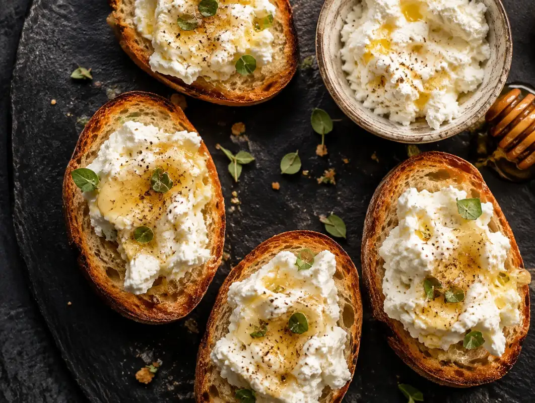 Whipped Feta Crostini (15 Minutes, Makes 20-24) 1 Overhead view of whipped feta crostini on toasted baguette slices with olive oil, honey and oregano
