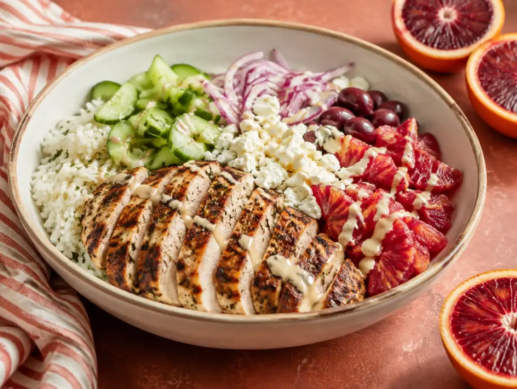 Three-quarter view of blood orange Greek chicken bowl with grilled chicken, rice, feta, olives and citrus segments